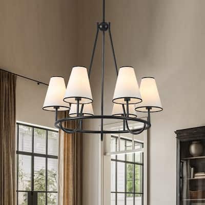 Transitional 6-Light White Fabric Cone Circular Chandelier 25.6 in