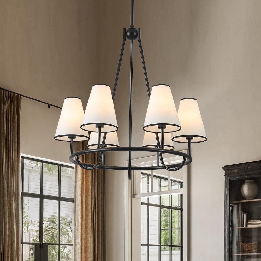 Transitional 6-Light White Fabric Cone Circular Chandelier 25.6 in