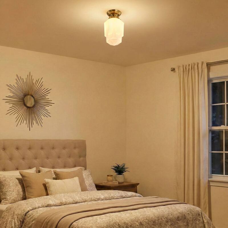 Vintage Antique Bronze White Jade Glass One Light Flush Mount Ceiling Light