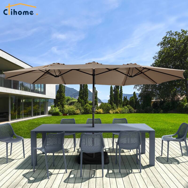 Clihome 15 Ft Outdoor Rectangular Crank Market Umbrella with Base