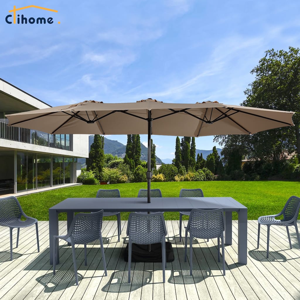Clihome 15 Ft Umbrella Outdoor Rectangular Crank Market Umbrella with Base