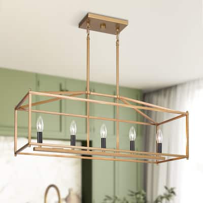 Modern Gold 5-Light Rectangle Chandelier Open Frame Kitchen Island Lights - L30" x W10.2" x H12"