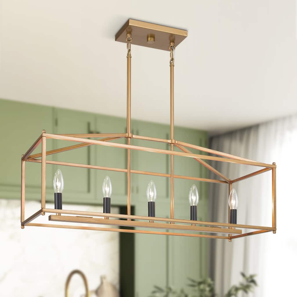 Modern Gold 5-Light Rectangle Chandelier Airy Frame Kitchen Island Light - L30" x W10.2" x H12"