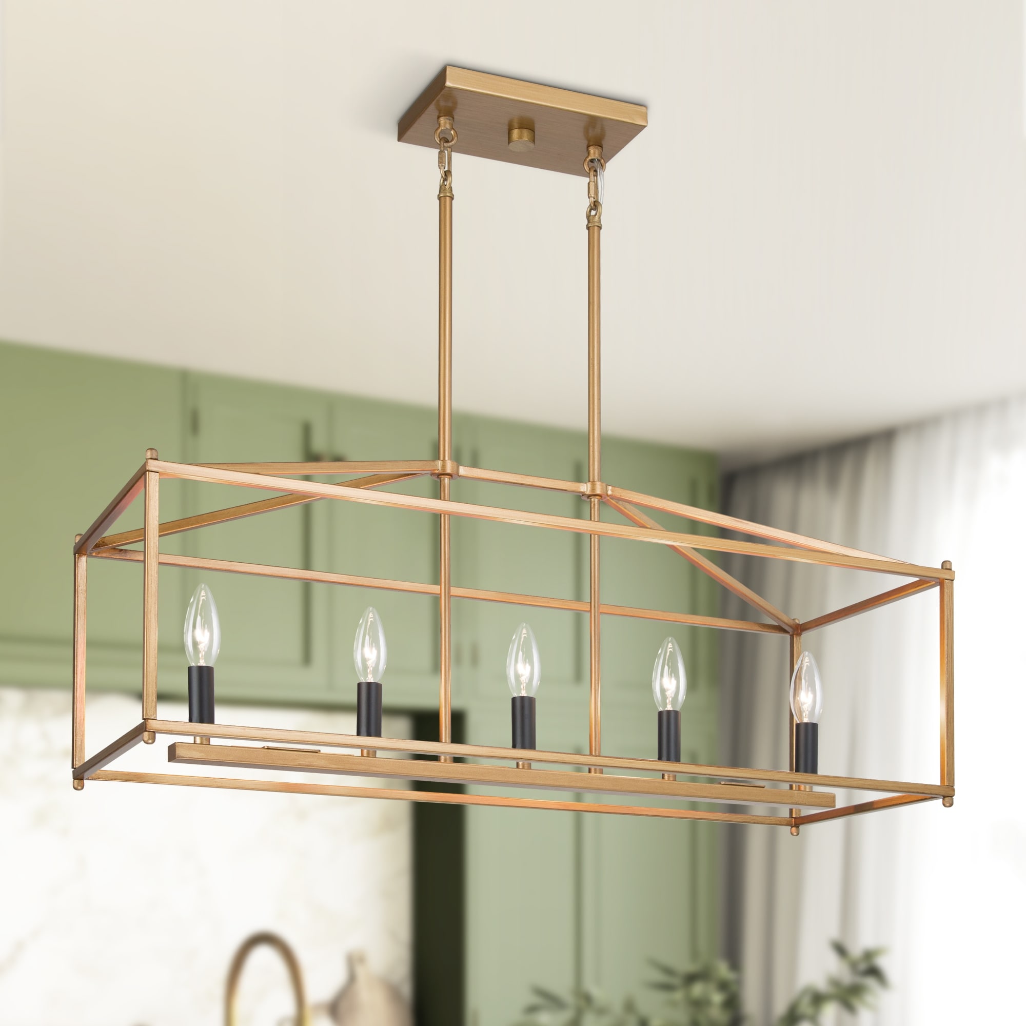 Modern Gold 5-Light Rectangle Chandelier Airy Frame Kitchen Island Light - L30" x W10.2" x H12"
