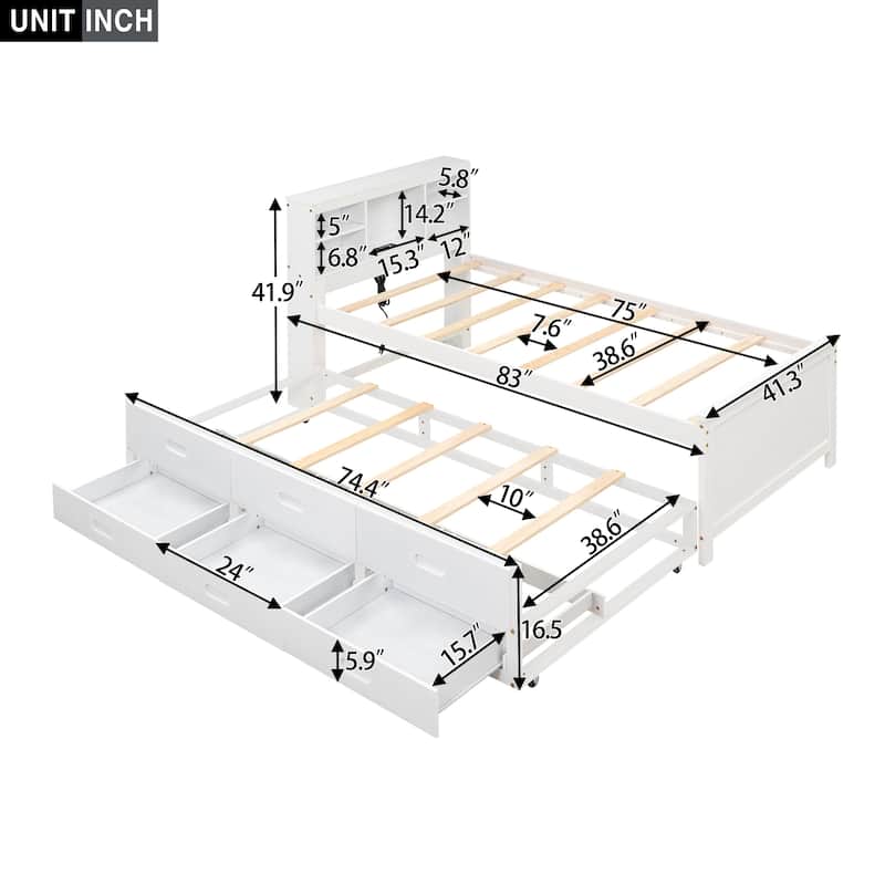 Platform Bed with Storage Headboard, USB Port, Trundle and 3 Drawers