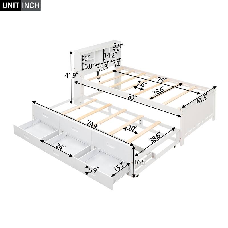 Twin Size Storage Platform Bed with USB, Trundle, and Drawers in White