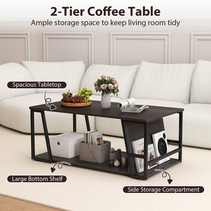 Industrial Coffee Table with Storage Shelf and Side Compartment Rectangle Wood and Metal Accent Table for Living Room