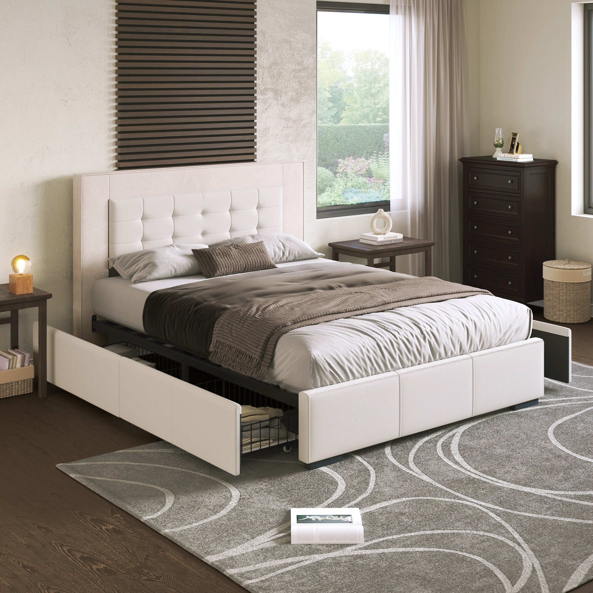 Modern Queen Metal Slat Support Platform Bed Frame with 4 Drawers Button Tufted Double Layer Headboard PU Leather Velvet Beige Bed Bath Beyond 39437147
