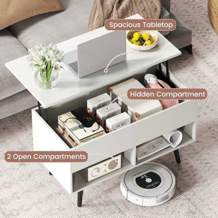 31.5 Inch Lift Top Coffee Table with Hidden Compartment and 2 Storage Shelves - 31.5" x 15.5" x 17.5" (L x W x H)