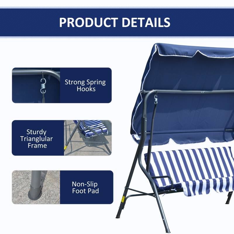 Outsunny 3-Person Porch Swing with Canopy, Patio Swing Chair, Outdoor Canopy Swing Bench with Adjustable Shade, Cushion
