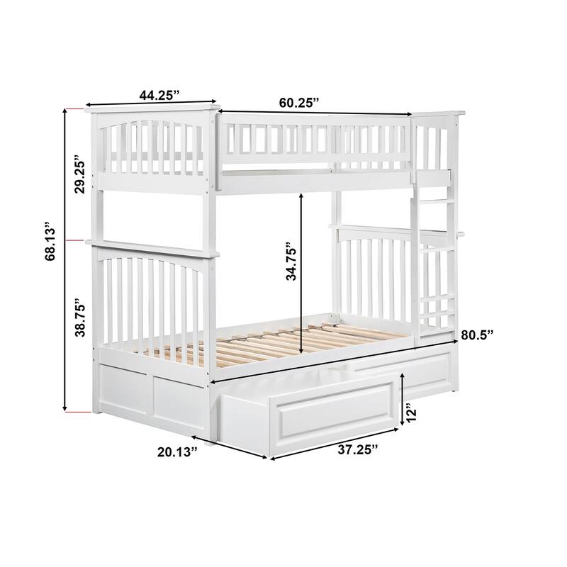 Columbia Bunk Bed Twin over Twin with 2 Drawers in White