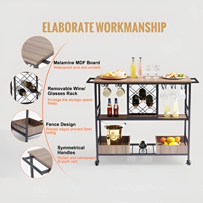 3-Tier Bar Serving Cart Rolling Trolley with Wine Grid Glass Holder 300LBS - Multi