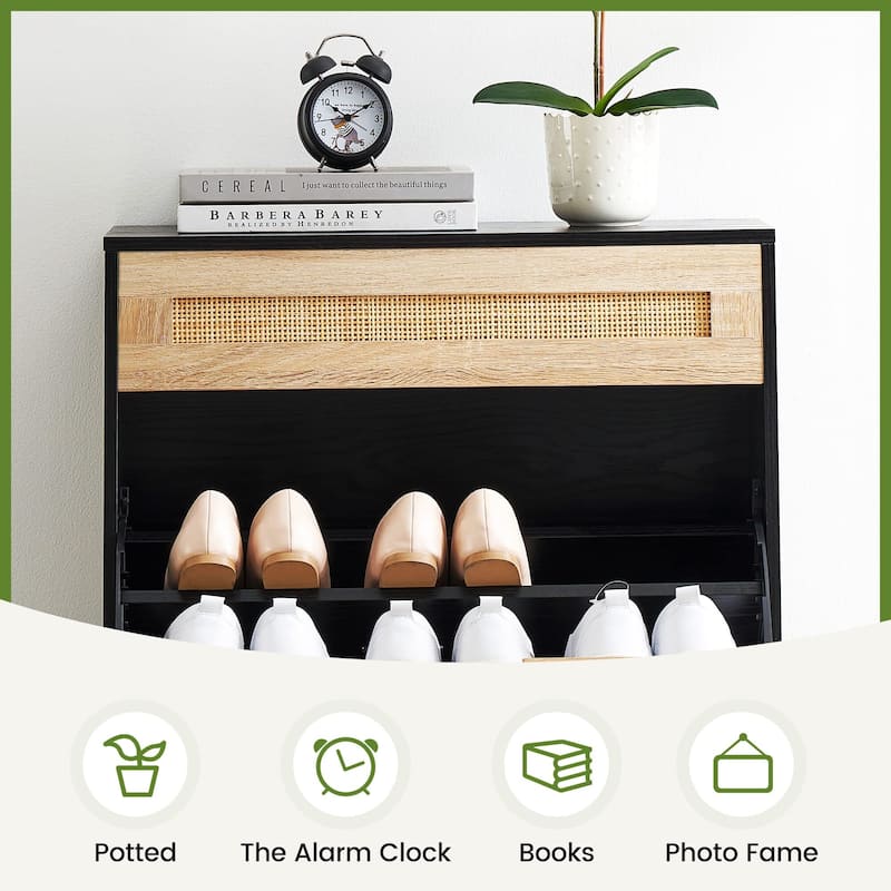 Rattan Shoe Cabinet with 2 Flip Drawers and 1 Small Drawer