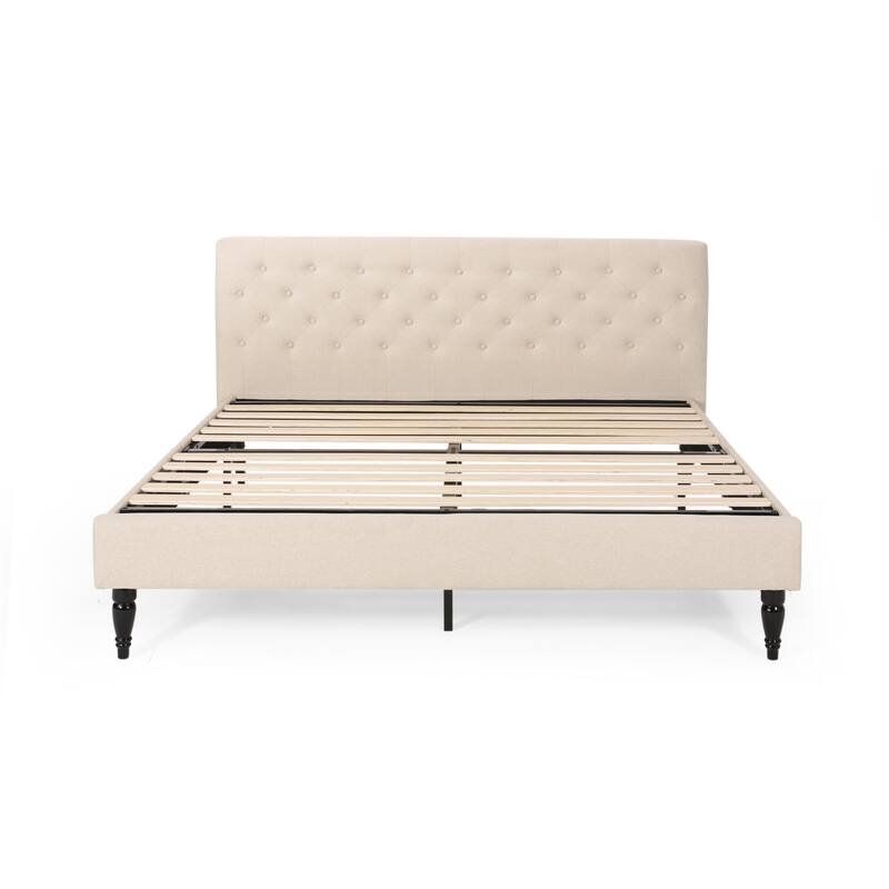 Button Tufted Wingback Headboard, King Size Upholstered Platform Bed Low Profile Bed with Turned Legs and Center Support Legs