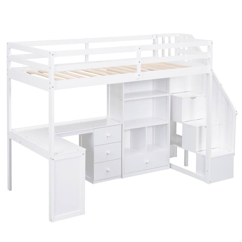 Twin/Full Loft Bed with L-Shaped Desk and Storage Staircase, Multi-Functional Solid Wood Loft Bed Frame with Drawers & Bookcase