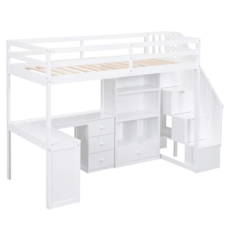 Twin Size Loft Bed with L-Shaped Desk, 3 Drawers, Cabinet & Storage Staircase, Full-Length Guardrail for Top Bunk