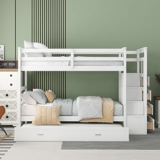 Twin Bunk Bed with Trundle & Staircase - Space-Saving Design