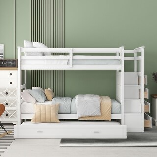 Twin over Twin Bunk Bed with Trundle and Multifunctional Storage Staircase