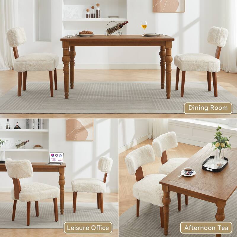 Set of 2 Fur Fabric Modern Armless Dining Chairs With Curved backrest and Solid Wooden Legs for Dining Room Living Room