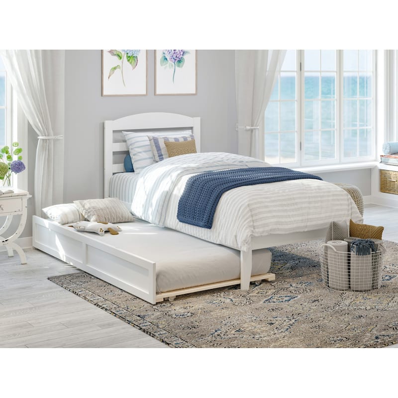 Twin Platform Bed with Trundle & Charging Station - White Wood & Veneer Frame