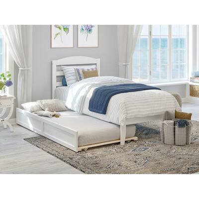 Twin Platform Bed with Trundle & Charging Station - White Wood & Veneer Frame