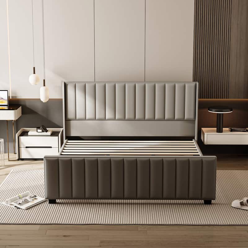 King Size Light Gray Velvet Platform Bed with 46.9" Tall Wingback Headboard & High Footboard Upholstered Bed Frame