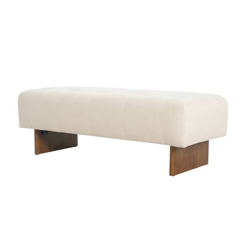 Rectangular Upholstered Ottoman Bench, Linen Tufted Modern Entryway Bench with Solid Wood Legs for Living Room, Bedroom