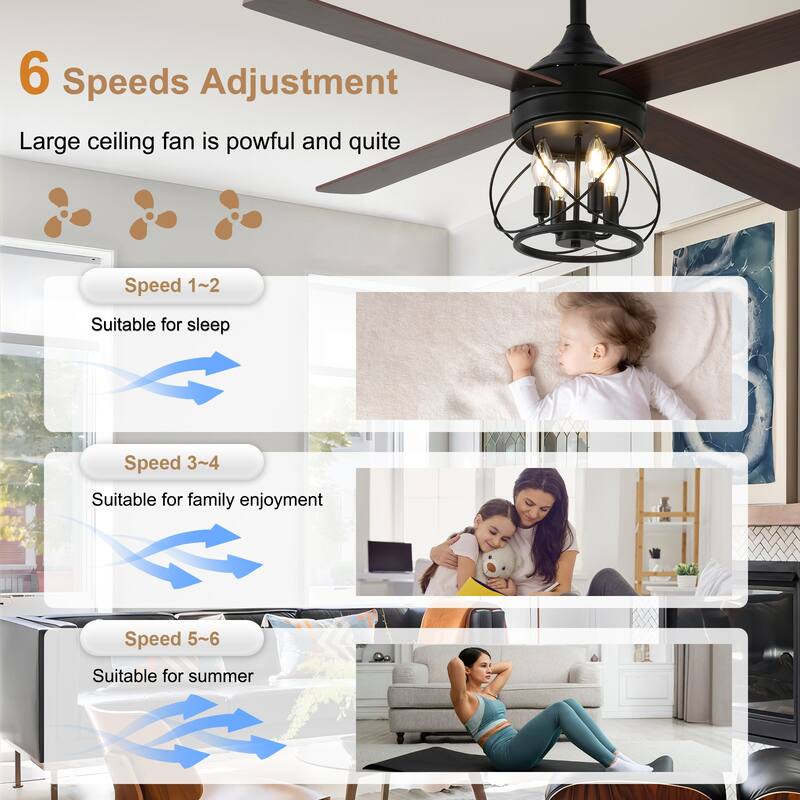 Bella Depot 52" Farmhouse Wood Ceiling Fan with Remote and Light, 6-Speed Indutrial Chandelier - 52 Inches