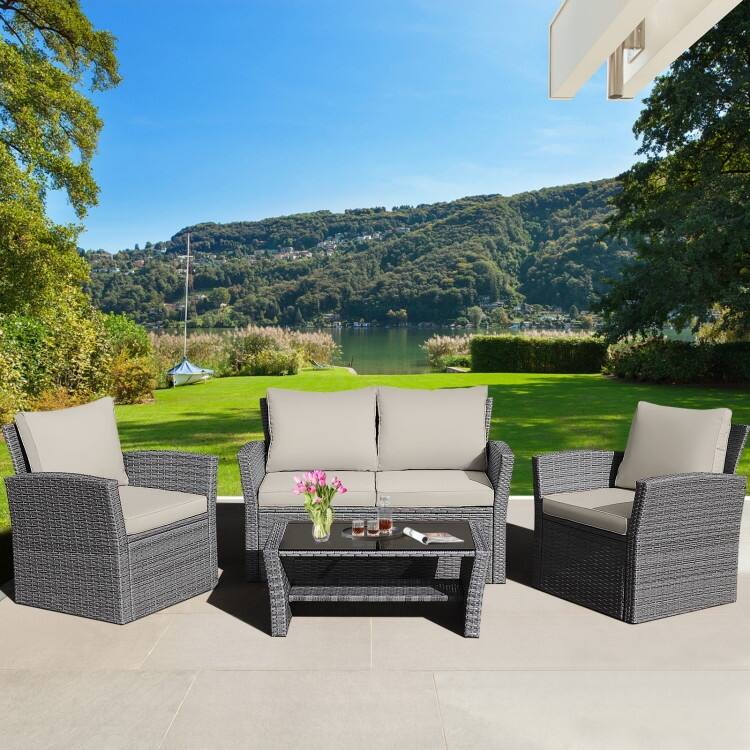 4 Pieces Patio Rattan Furniture Set Sofa Table with Storage Shelf Cushion - 48.5" x 26.5" x 30" (L x W x H)