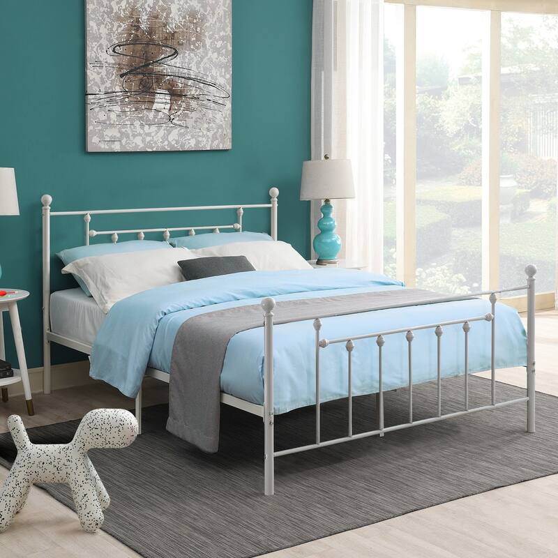 White White Victorian Metal Bed Frame Full Size Heavy Duty Platform Bed Frame with Headboard & Footboard No Box Spring Needed