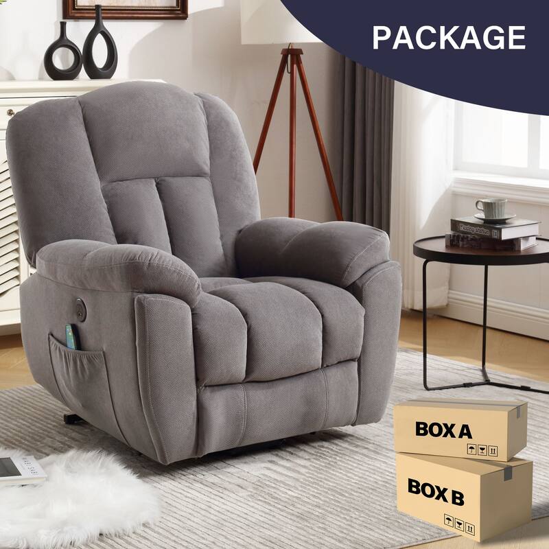 Grey Electric Power Lift Recliner Chair featuring Heat, Massage, Infinite Positions, USB Charging, and Side Storage