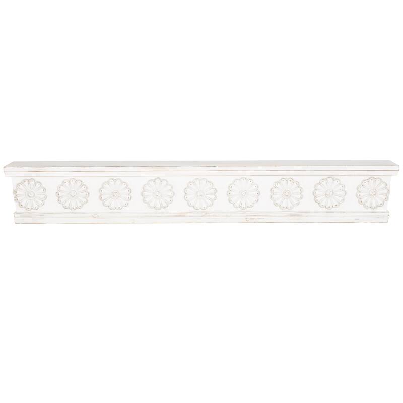 Wooden Floral Wall Shelf with Brown Distressing - White - Roche River Decor - White - 60"W, 9"H