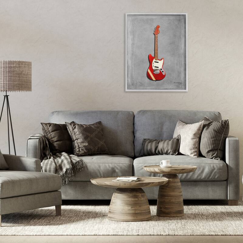 Stupell Red Guitar on Grey Framed Giclee Art Design By Mark Rogan
