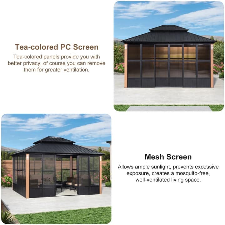 PURPLE LEAF Double Top Outdoor Wood Grain Sunroom Screen House Patio Hardtop Gazebo