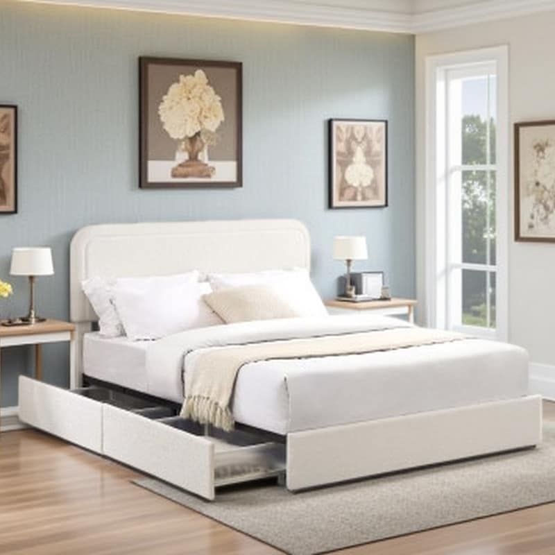 Queen Ivory Boucle Upholstered Storage Bed with 2 Drawers, Curved Tufted Headboard, Wooden Slat Support System