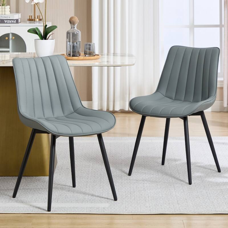 HOMEFUN PU Leather Upholstered Stripes Sturdy Metal Frame Dining Chairs(set of 2) - Grey