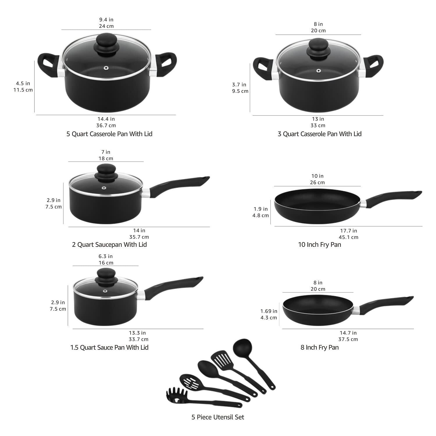 NonStick Cookware 15Piece Set, Pots, Pans and Utensils, Black On