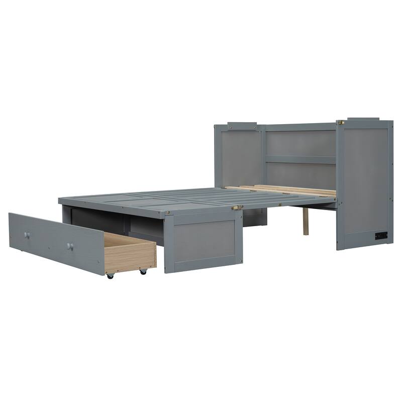 Space-Saving Full Size Murphy Bed with USB Port and Large Drawer, Gray