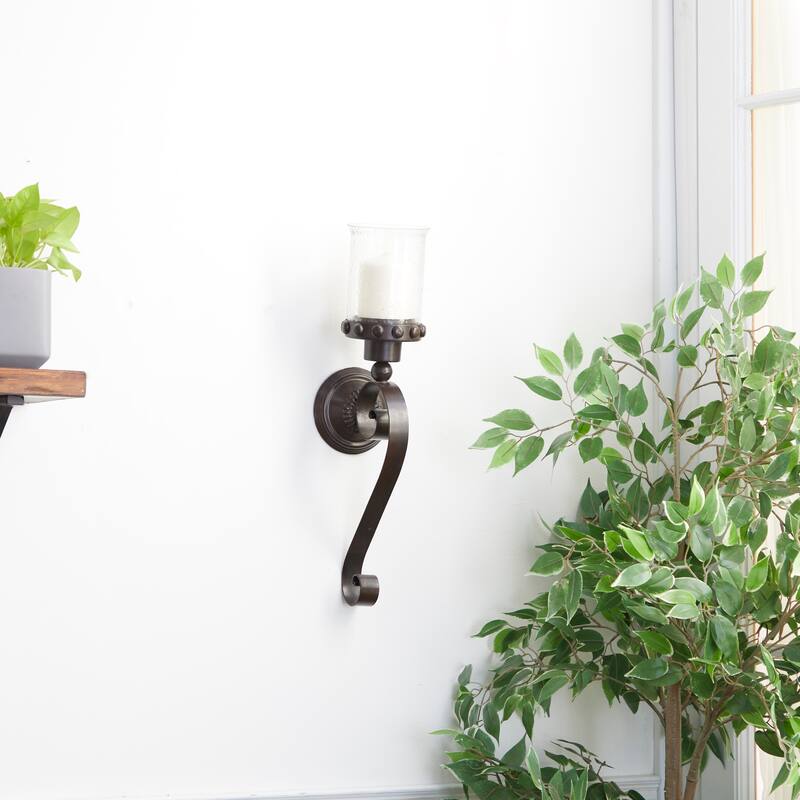 Brown Metal Studded Pillar Scroll Wall Sconce - 6 x 5 x 20