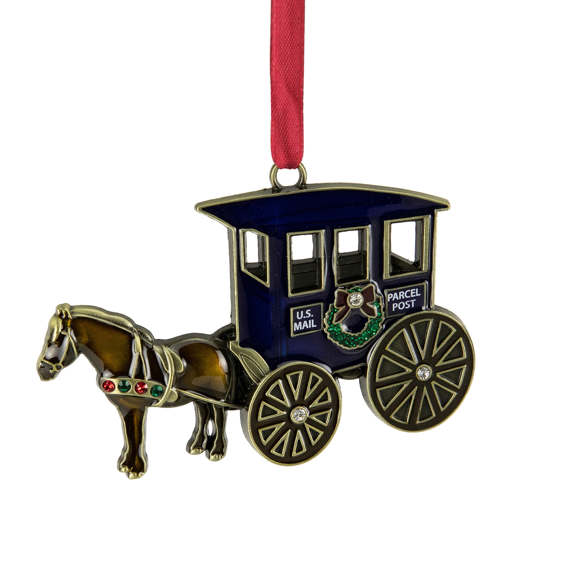 2.25" Brass-Plated Horse Buggy Christmas Ornament European Crystals