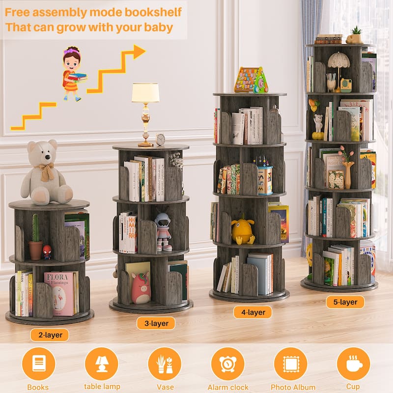 4/5 Tiers Round Rotating Bookcase, Revolving Floor Standing Bookshelf Corner Organizer Display