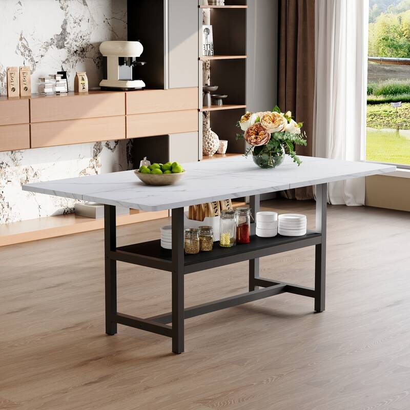 Extra Long Dining Table with Under Table Storage Shelf Black MDF Top Metal Legs Modern Design - White+Black