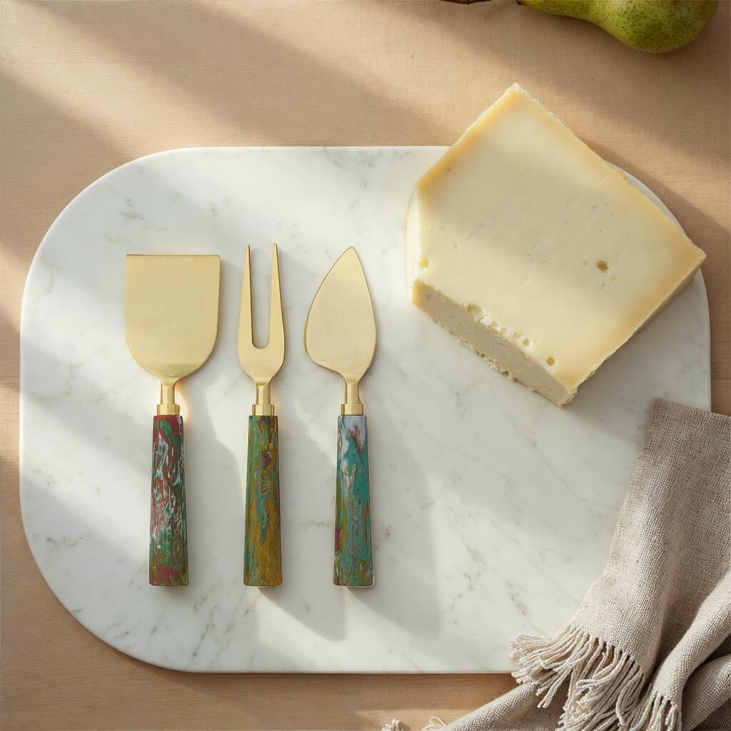 3-Piece Stainless Steel Cheese Knife Set with Marbled Resin Handles - 7.0"L x 2.0"W x 0.75"H
