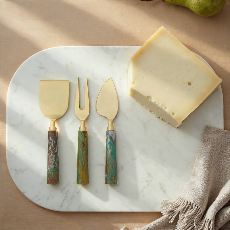 3-Piece Stainless Steel Cheese Knife Set with Marbled Resin Handles - 7.0"L x 2.0"W x 0.75"H - Multicolor