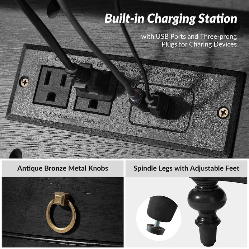 Alois Traditional 28''W 3-Drawer Curves End Table with Built-in Charging Station and Solid Wood Spindle Legs by HULALA HOME