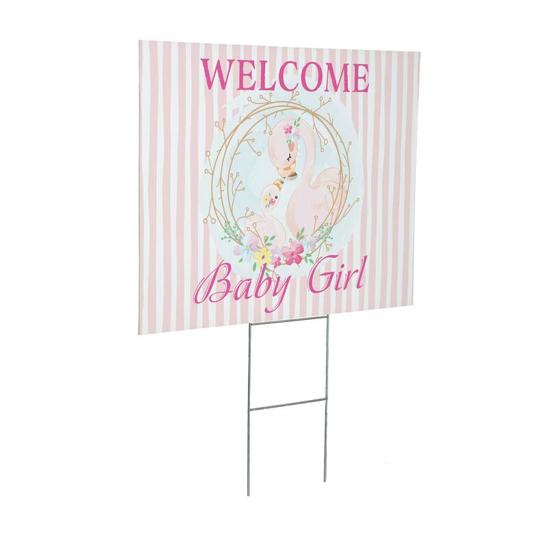 24" x 18" Yard Sign with H-Stake, Flamingo Welcome Baby Girl
