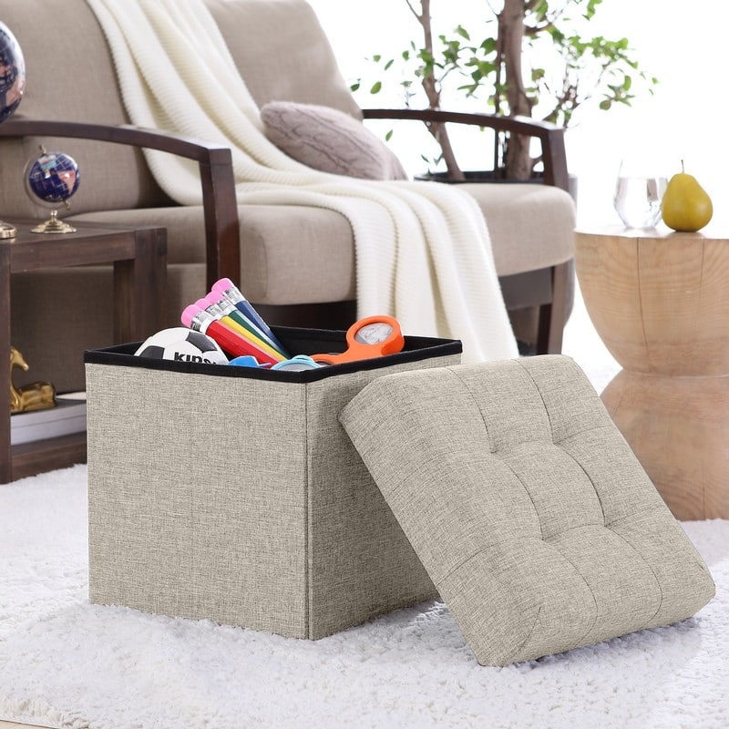 Foldable Tufted Linen Storage Ottoman