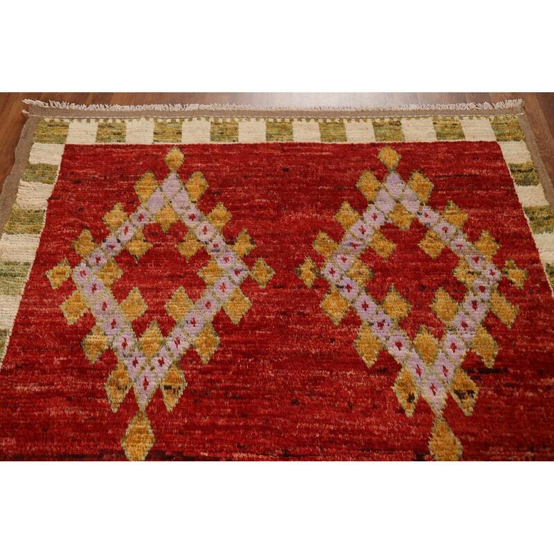 Hand Knotted Oriental 100% Wool Carpet Modern Geometric Red Moroccan Area Rug - 8' 2'' X 5' 5''