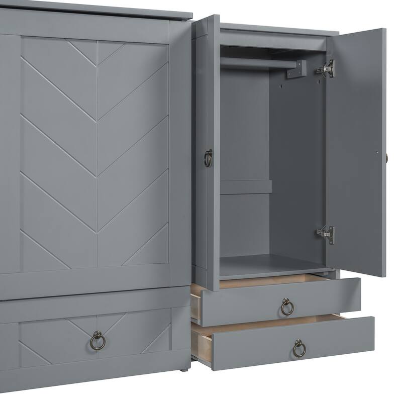 Queen Size Solid Wood Murphy Bed with Charging Station, Built-In Wardrobes, Drawers, and Foldable Cabinet Design