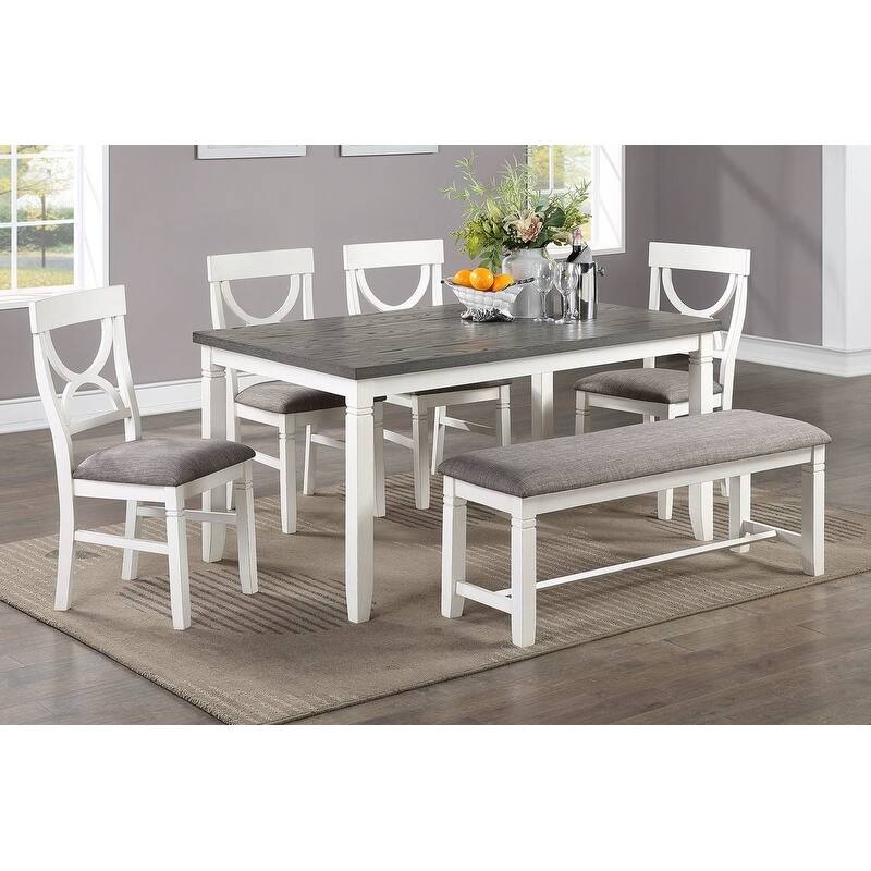 6 Piece Wood Dining Table Set, Kitchen Dining Room Table Set with Rectangle Table, 4 Upholstered Chairs and Bench